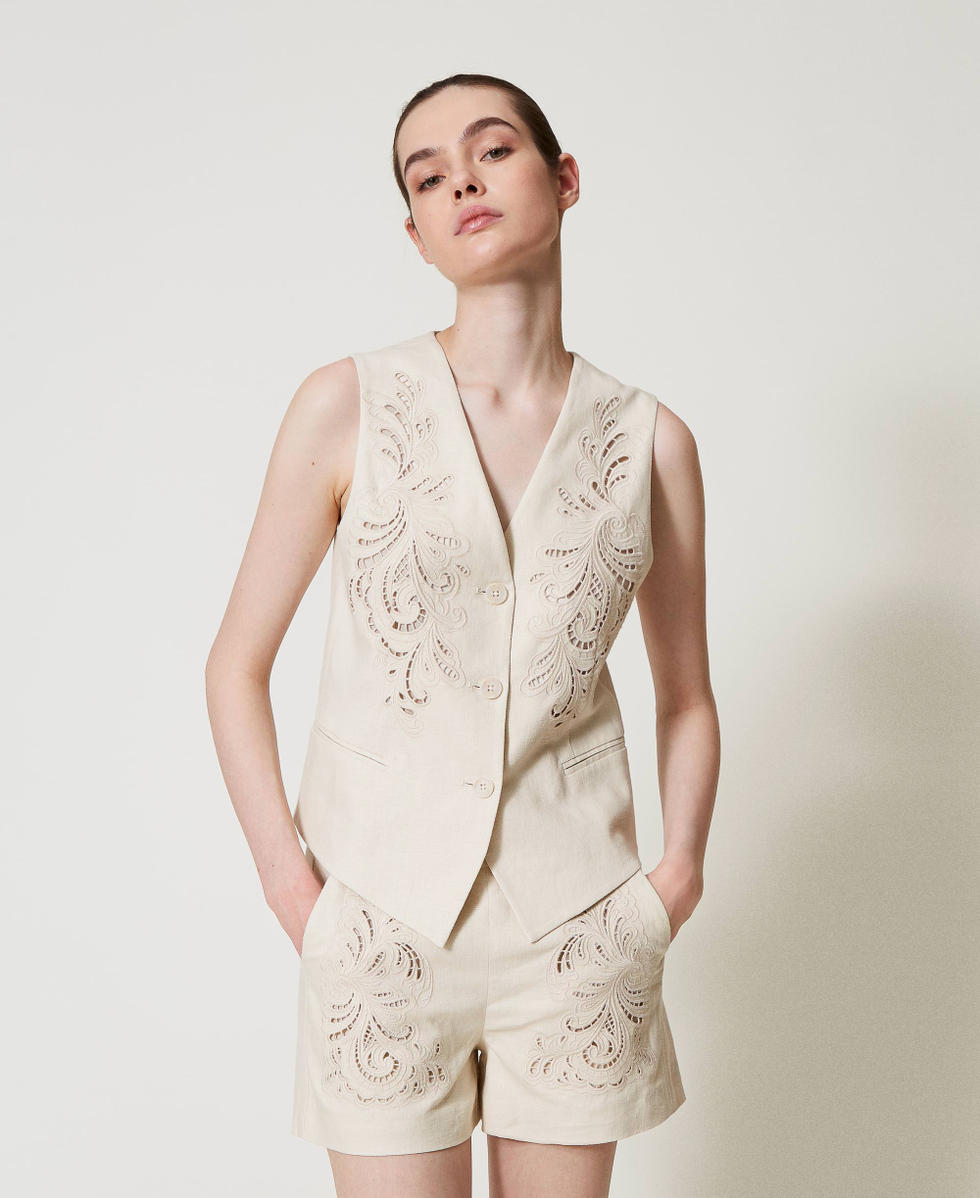 Linen blend waistcoat with embroidery